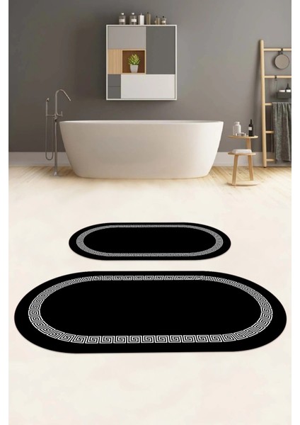 Dijital Yıkanabilir Kaymaz Sade Çerçeveli Oval Banyo Paspası Klozet Takımı, Klozet-56-Siyah, fiyatları