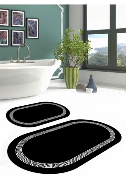 Dijital Yıkanabilir Kaymaz Sade Çerçeveli Oval Banyo Paspası Klozet Takımı, Klozet-56-Siyah, modelleri