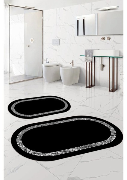 Dijital Yıkanabilir Kaymaz Sade Çerçeveli Oval Banyo Paspası Klozet Takımı, Klozet-56-Siyah, fırsatları