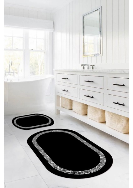 Dijital Yıkanabilir Kaymaz Sade Çerçeveli Oval Banyo Paspası Klozet Takımı, Klozet-56-Siyah, indirimleri