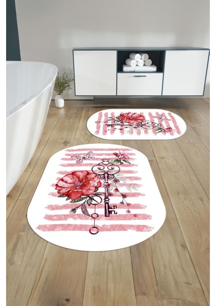 Dijital Baskılı Yıkanabilir Kaymaz Gül Motifli Oval Banyo Paspası Klozet Takımı, Klozet-77-Kırmızı,