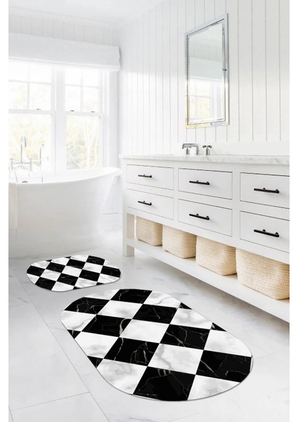 Dijital Yıkanabilir Mermer Zemin Desenli Oval Banyo Paspası Klozet Takımı, Klozet-78-Siyah,