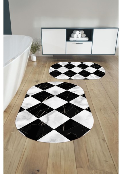 Dijital Yıkanabilir Mermer Zemin Desenli Oval Banyo Paspası Klozet Takımı, Klozet-78-Siyah, fiyatları