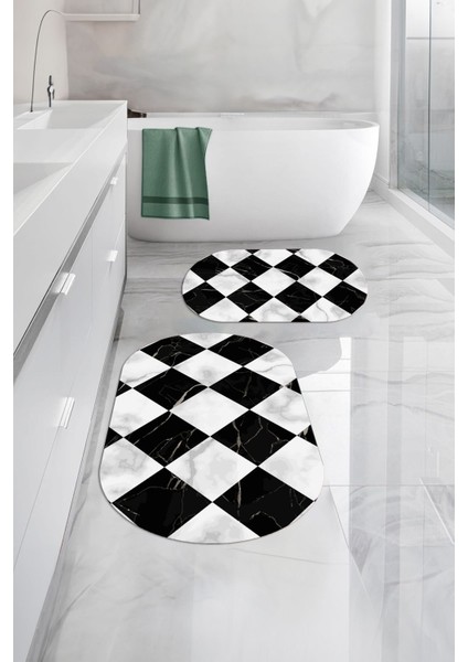 Dijital Yıkanabilir Mermer Zemin Desenli Oval Banyo Paspası Klozet Takımı, Klozet-78-Siyah, modelleri