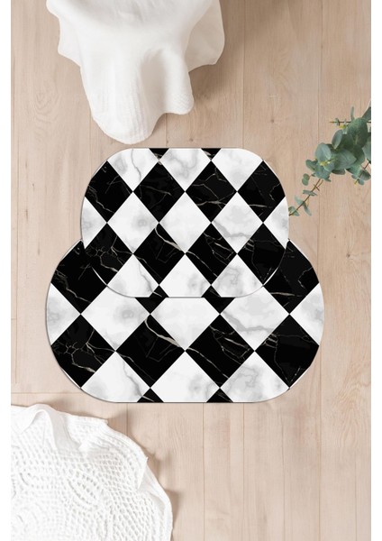 Dijital Yıkanabilir Mermer Zemin Desenli Oval Banyo Paspası Klozet Takımı, Klozet-78-Siyah, fırsatları