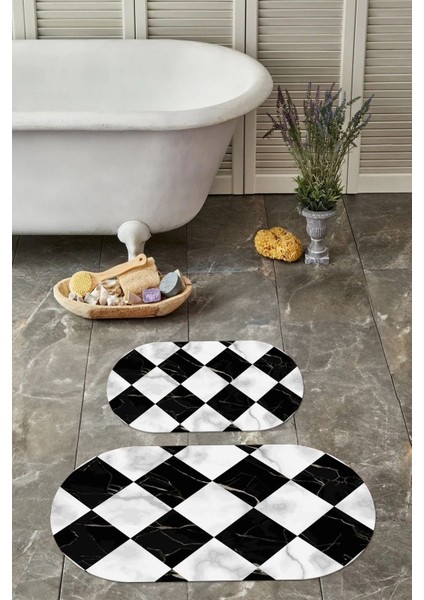 Dijital Yıkanabilir Mermer Zemin Desenli Oval Banyo Paspası Klozet Takımı, Klozet-78-Siyah, indirimleri