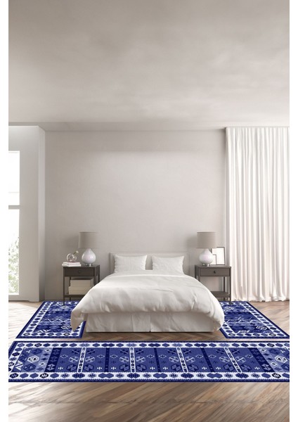 Baskılı Kaymaz Taban Yıkanabilir Etnik Geleneksel Görünümlü Üçlü Yatak Odası, Yo-Etnik-30-Lacivert,