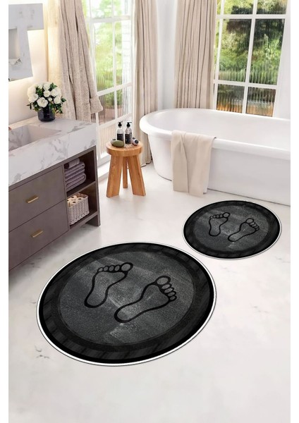 Baskılı Yıkanabilir Kaymaz Ayak Baskılı Yuvarlak Banyo Paspası Klozet Takımı, Klozet-51-Antrasit, fırsatları
