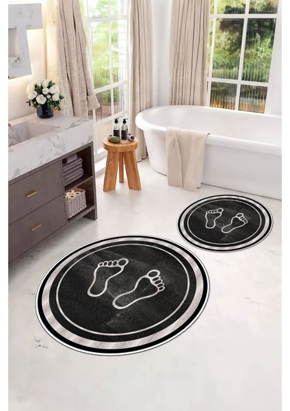 Baskılı Yıkanabilir Kaymaz Ayak Baskılı Yuvarlak Banyo Paspası Klozet Takımı, Klozet-51-Gri, fırsatları