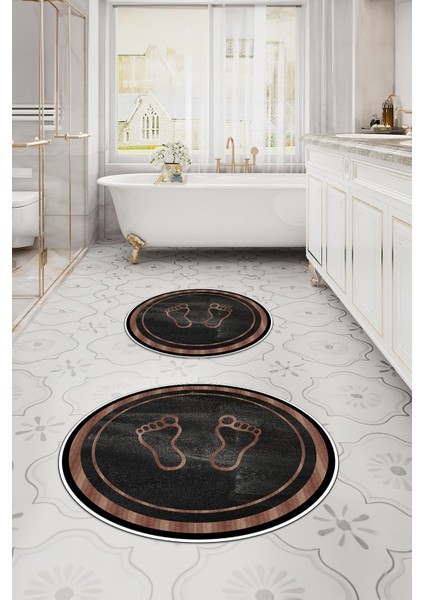 Baskılı Yıkanabilir Kaymaz Ayak Baskılı Yuvarlak Banyo Paspası Klozet Takımı, Klozet-51-Siyah,