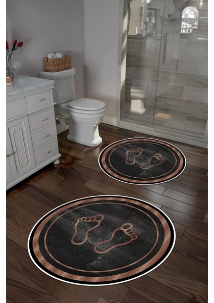 Baskılı Yıkanabilir Kaymaz Ayak Baskılı Yuvarlak Banyo Paspası Klozet Takımı, Klozet-51-Siyah, modelleri