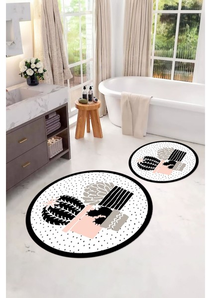 Dijital Yıkanabilir Modern Kaktüs Modelli Yuvarlak Banyo Paspası Klozet Takımı, Klozet-93-Beyaz,