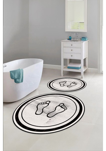 Baskılı Yıkanabilir Kaymaz Ayak Baskılı Yuvarlak Banyo Paspası Klozet Takımı, Klozet-51-Krem,