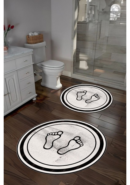Baskılı Yıkanabilir Kaymaz Ayak Baskılı Yuvarlak Banyo Paspası Klozet Takımı, Klozet-51-Krem,