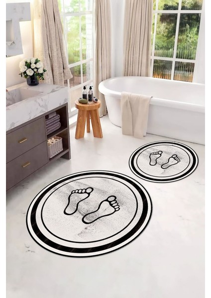 Baskılı Yıkanabilir Kaymaz Ayak Baskılı Yuvarlak Banyo Paspası Klozet Takımı, Klozet-51-Krem,
