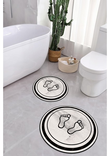 Baskılı Yıkanabilir Kaymaz Ayak Baskılı Yuvarlak Banyo Paspası Klozet Takımı, Klozet-51-Krem,
