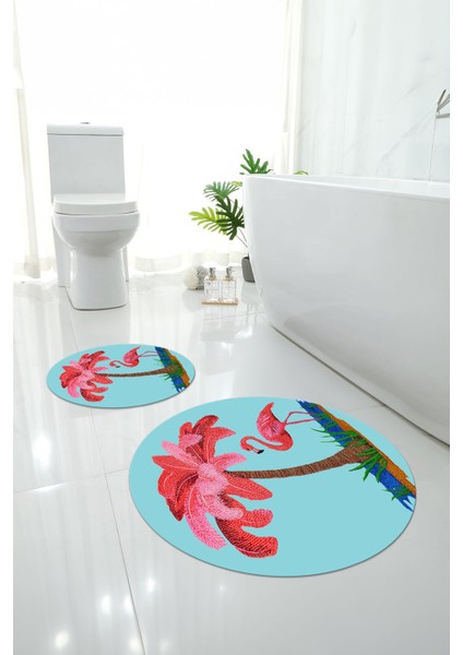 Dijital Yıkanabilir Sade Flamingo Desenli Yuvarlak Banyo Paspası Klozet Takımı, Klozet-91-Turkuaz,