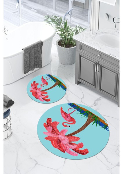 Dijital Yıkanabilir Sade Flamingo Desenli Yuvarlak Banyo Paspası Klozet Takımı, Klozet-91-Turkuaz, fiyatları