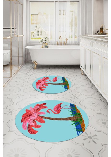 Dijital Yıkanabilir Sade Flamingo Desenli Yuvarlak Banyo Paspası Klozet Takımı, Klozet-91-Turkuaz, modelleri