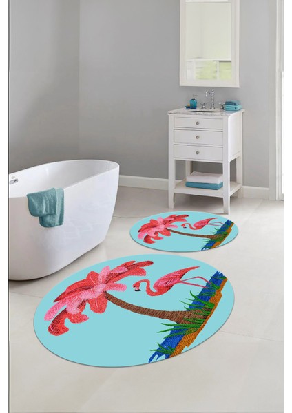 Dijital Yıkanabilir Sade Flamingo Desenli Yuvarlak Banyo Paspası Klozet Takımı, Klozet-91-Turkuaz, fırsatları