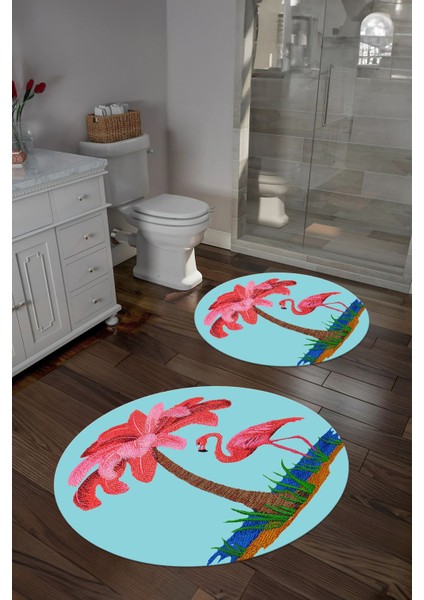 Dijital Yıkanabilir Sade Flamingo Desenli Yuvarlak Banyo Paspası Klozet Takımı, Klozet-91-Turkuaz, indirimleri