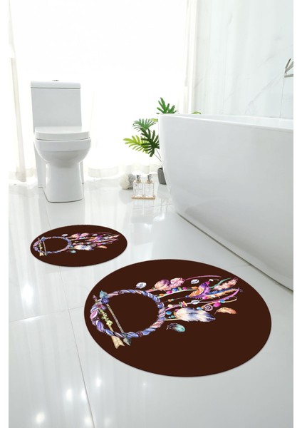 Dijital Yıkanabilir Kaymaz Kuş Tüyü Desenli Yuvarlak Banyo Paspası Klozet Takımı, Klozet-92-Kahve,
