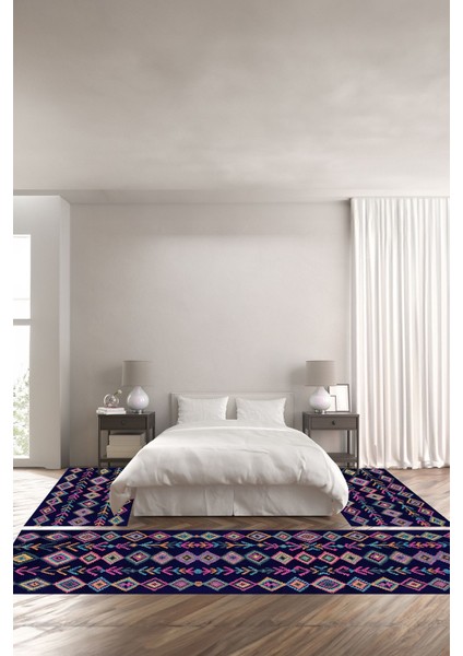 Dijital Baskılı Kaymaz Yıkanabilir Iskandinav Desenli Üçlü Yatak Odası, Yo-Iskandinav-38-Lacivert,