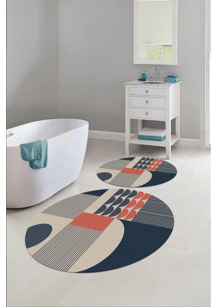 Dijital Yıkanabilir Kaymaz Modern Desen Yuvarlak Banyo Paspası Klozet Takımı, Klozet-59-Lacivert,