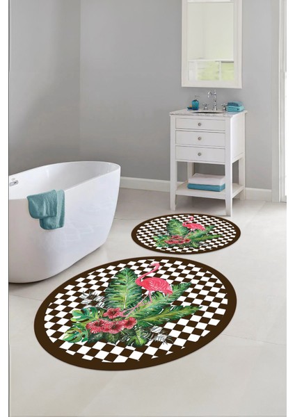 Dijital Yıkanabilir Kaymaz Flamingo Desenli Yuvarlak Banyo Paspası Klozet Takımı, Klozet-62-Kahve,
