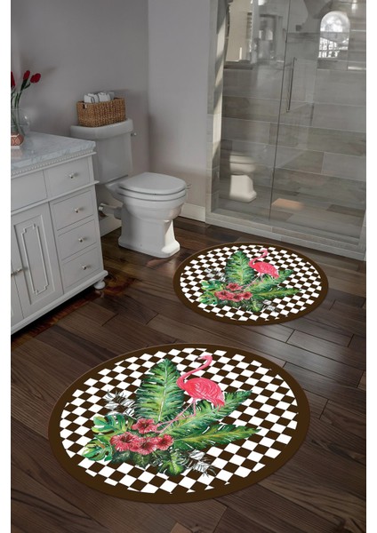 Dijital Yıkanabilir Kaymaz Flamingo Desenli Yuvarlak Banyo Paspası Klozet Takımı, Klozet-62-Kahve, fiyatları