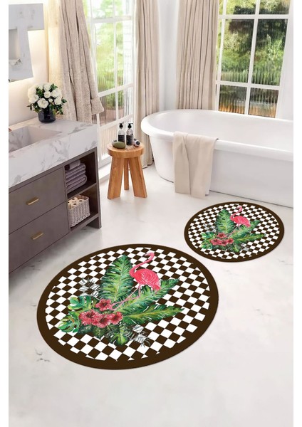 Dijital Yıkanabilir Kaymaz Flamingo Desenli Yuvarlak Banyo Paspası Klozet Takımı, Klozet-62-Kahve, modelleri