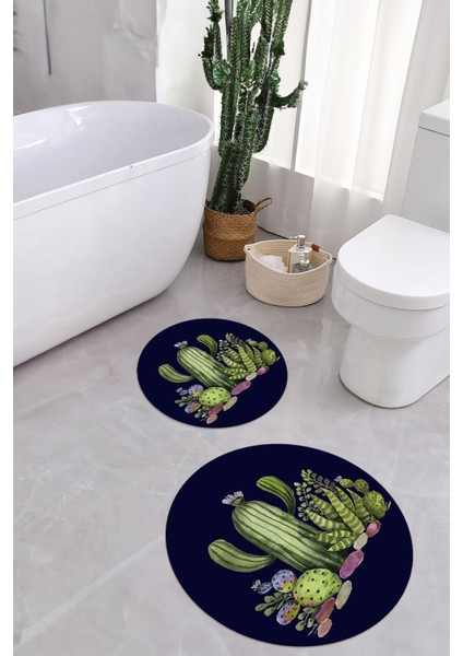 Dijital Yıkanabilir Kaymaz Kaktüs Desenli Yuvarlak Banyo Paspası Klozet Takımı, Klozet-63-Lacivert, modelleri