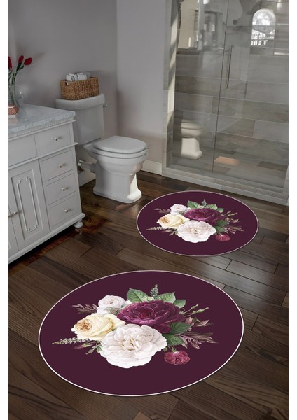 Dijital Yıkanabilir Kaymaz Çiçek Motifli Yuvarlak Banyo Paspası Klozet Takımı, Klozet-65-Bordo,