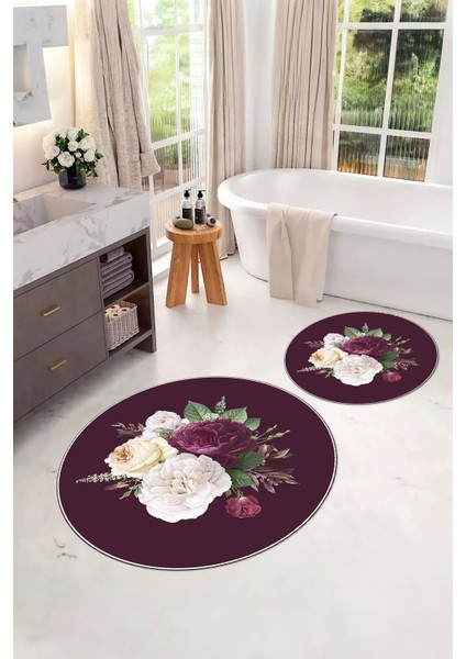 Dijital Yıkanabilir Kaymaz Çiçek Motifli Yuvarlak Banyo Paspası Klozet Takımı, Klozet-65-Bordo, fiyatları