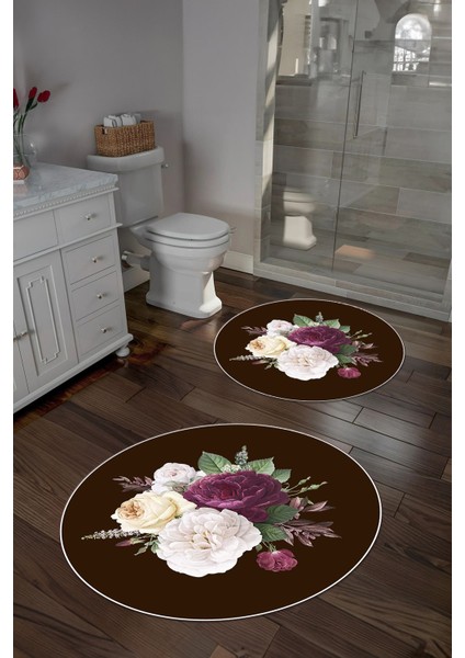 Dijital Yıkanabilir Kaymaz Çiçek Motifli Yuvarlak Banyo Paspası Klozet Takımı, Klozet-65-Kahve,