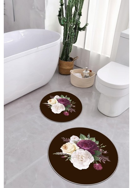 Dijital Yıkanabilir Kaymaz Çiçek Motifli Yuvarlak Banyo Paspası Klozet Takımı, Klozet-65-Kahve, modelleri