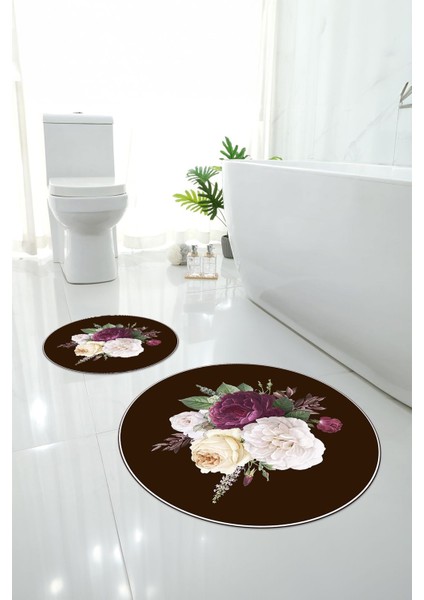 Dijital Yıkanabilir Kaymaz Çiçek Motifli Yuvarlak Banyo Paspası Klozet Takımı, Klozet-65-Kahve, indirimleri