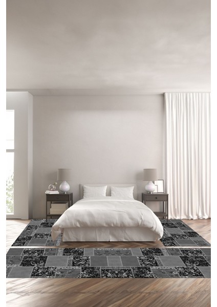 Baskılı Kaymaz Yıkanabilir Patchwork Gül Motifli Modern Üçlü Yatak Odası, Yo-Patchwork-40-Gri,