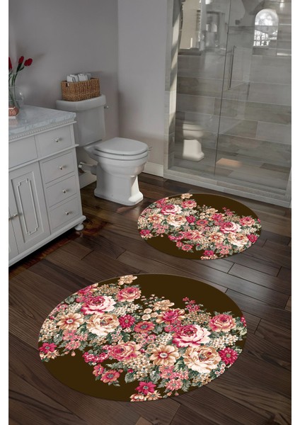 Dijital Yıkanabilir Renkli Çiçek Desenli Yuvarlak Banyo Paspası Klozet Takımı, Klozet-66-Kahve,