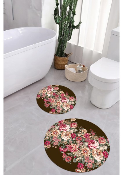 Dijital Yıkanabilir Renkli Çiçek Desenli Yuvarlak Banyo Paspası Klozet Takımı, Klozet-66-Kahve, modelleri