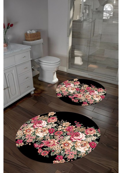 Dijital Yıkanabilir Renkli Çiçek Desenli Yuvarlak Banyo Paspası Klozet Takımı, Klozet-66-Siyah,