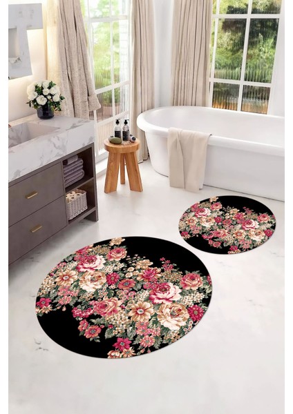 Dijital Yıkanabilir Renkli Çiçek Desenli Yuvarlak Banyo Paspası Klozet Takımı, Klozet-66-Siyah, fiyatları