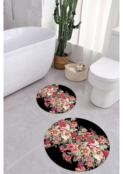 Dijital Yıkanabilir Renkli Çiçek Desenli Yuvarlak Banyo Paspası Klozet Takımı, Klozet-66-Siyah, modelleri
