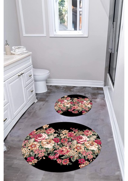Dijital Yıkanabilir Renkli Çiçek Desenli Yuvarlak Banyo Paspası Klozet Takımı, Klozet-66-Siyah, fırsatları