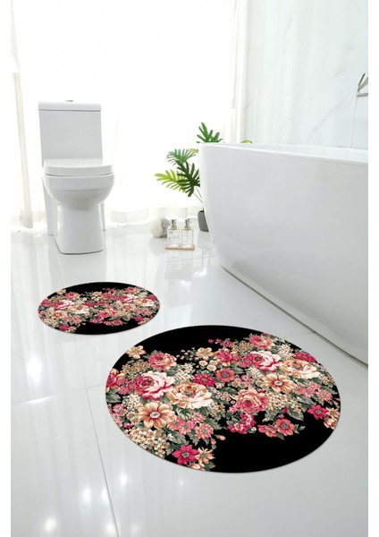 Dijital Yıkanabilir Renkli Çiçek Desenli Yuvarlak Banyo Paspası Klozet Takımı, Klozet-66-Siyah, indirimleri