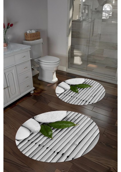 Baskılı Yıkanabilir Kaymaz Taş Desenli Yuvarlak Banyo Paspası Klozet Takımı, Klozet-68-Gri,
