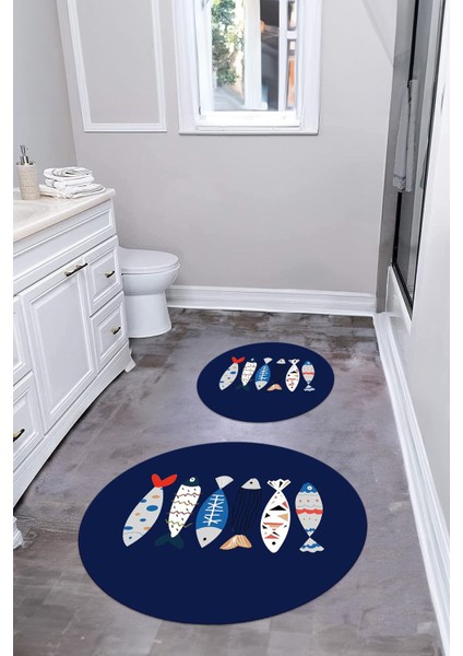 Dijital Yıkanabilir Renkli Balık Desenli Yuvarlak Banyo Paspası Klozet Takımı, Klozet-69-Lacivert, modelleri