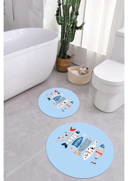 Dijital Yıkanabilir Renkli Balık Desenli Yuvarlak Banyo Paspası Klozet Takımı, Klozet-69-Mavi, fiyatları