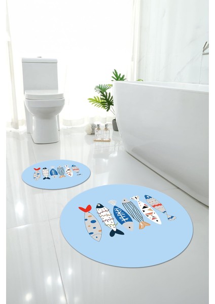 Dijital Yıkanabilir Renkli Balık Desenli Yuvarlak Banyo Paspası Klozet Takımı, Klozet-69-Mavi, fırsatları