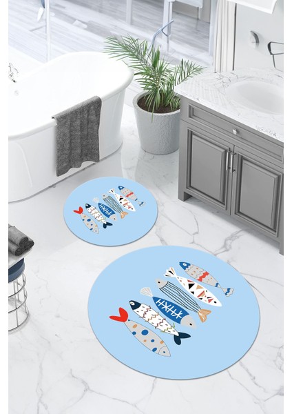 Dijital Yıkanabilir Renkli Balık Desenli Yuvarlak Banyo Paspası Klozet Takımı, Klozet-69-Mavi, indirimleri